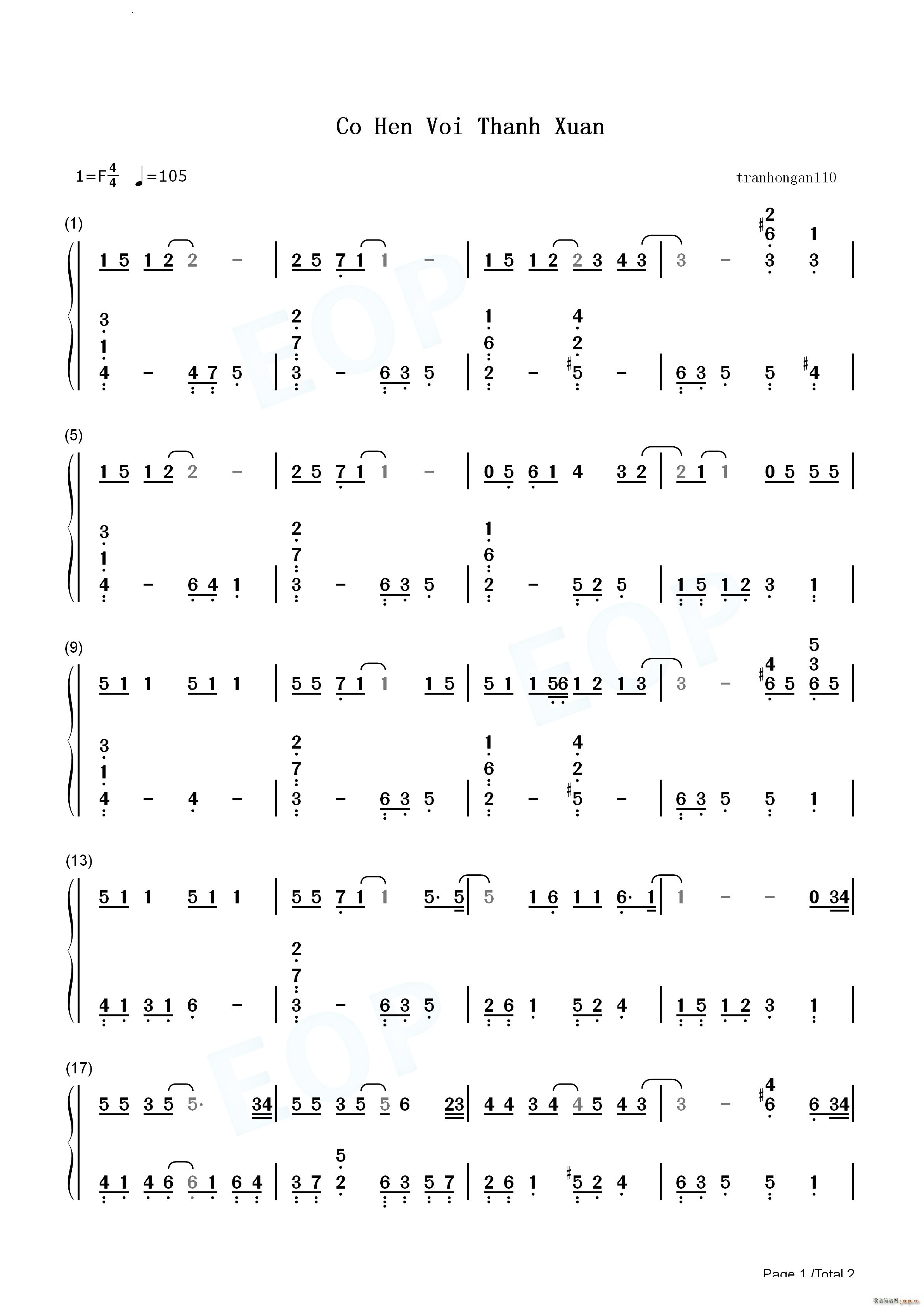 Có H?n V?i Thanh Xuan 与青春相约(钢琴谱)5