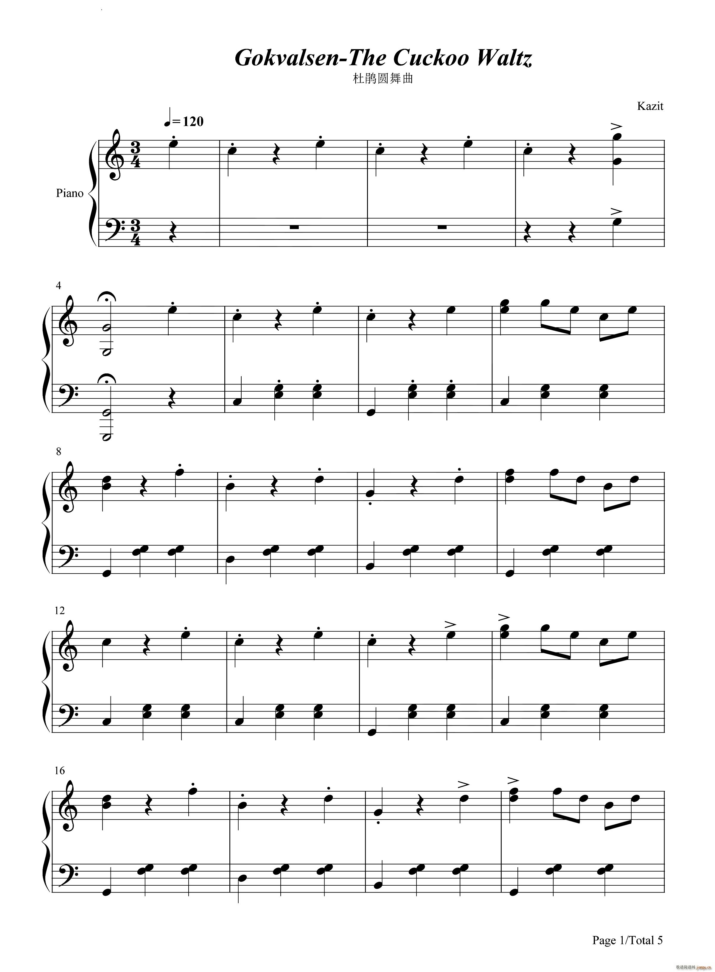 杜鹃圆舞曲G?kvalsen The Cuckoo Waltz(钢琴谱)1