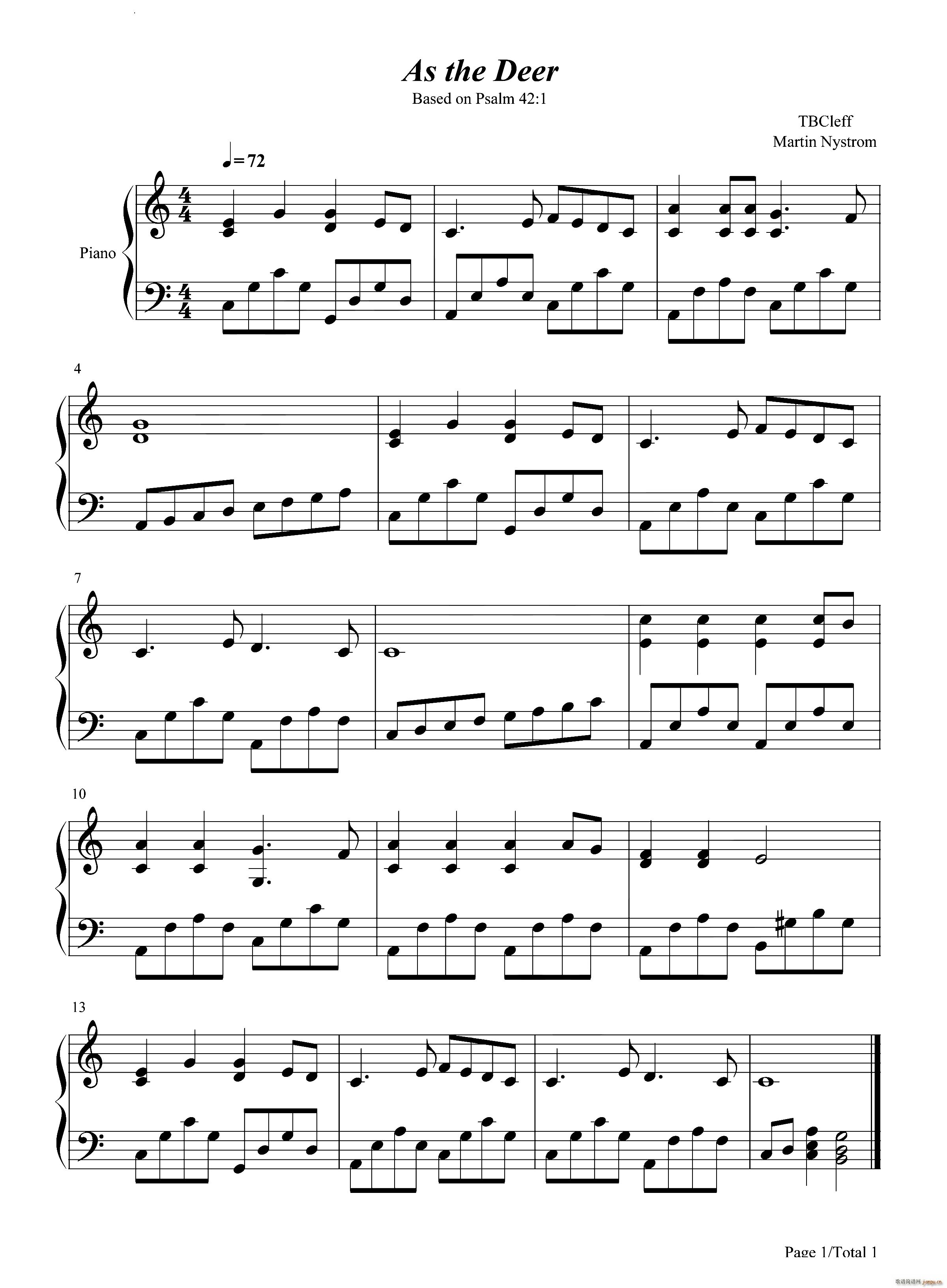 As The Deer 如鹿渴慕溪水简单版(钢琴谱)1
