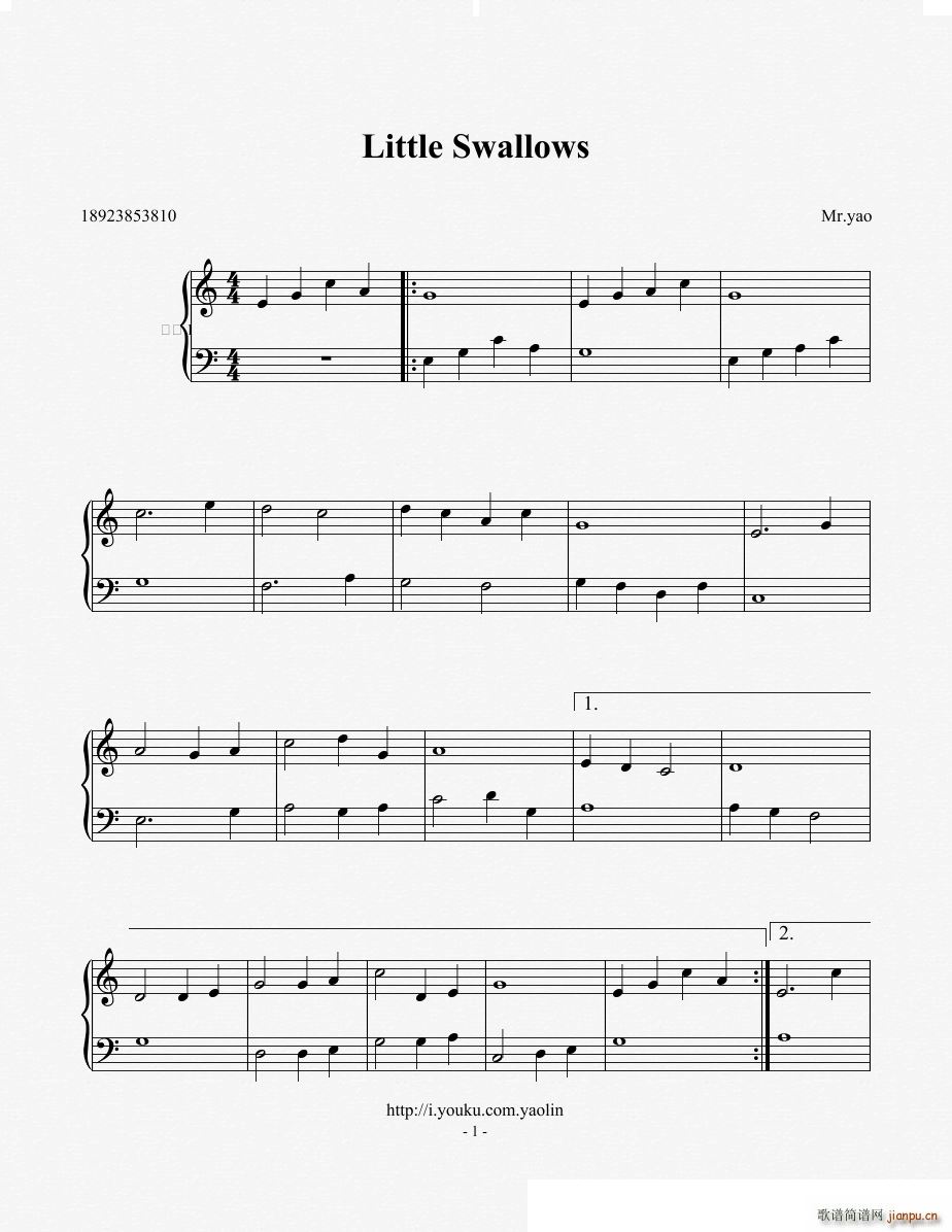 小燕子 简易钢琴曲 姚琳编配版(钢琴谱)1