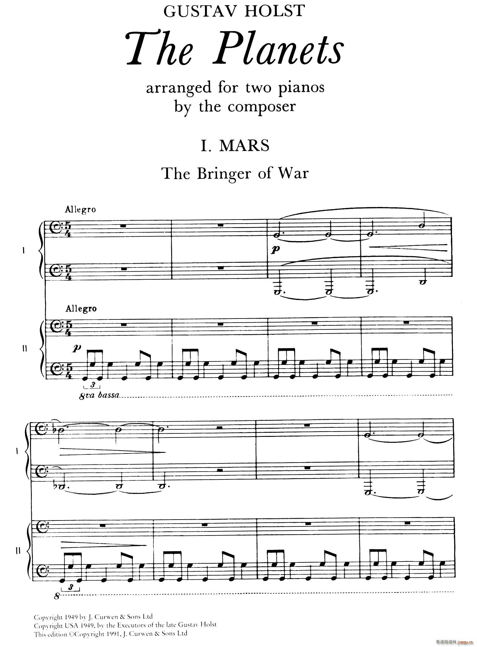 The Planets Op 32 双钢琴 行星 第一乐章 火星 战争使者(钢琴谱)1