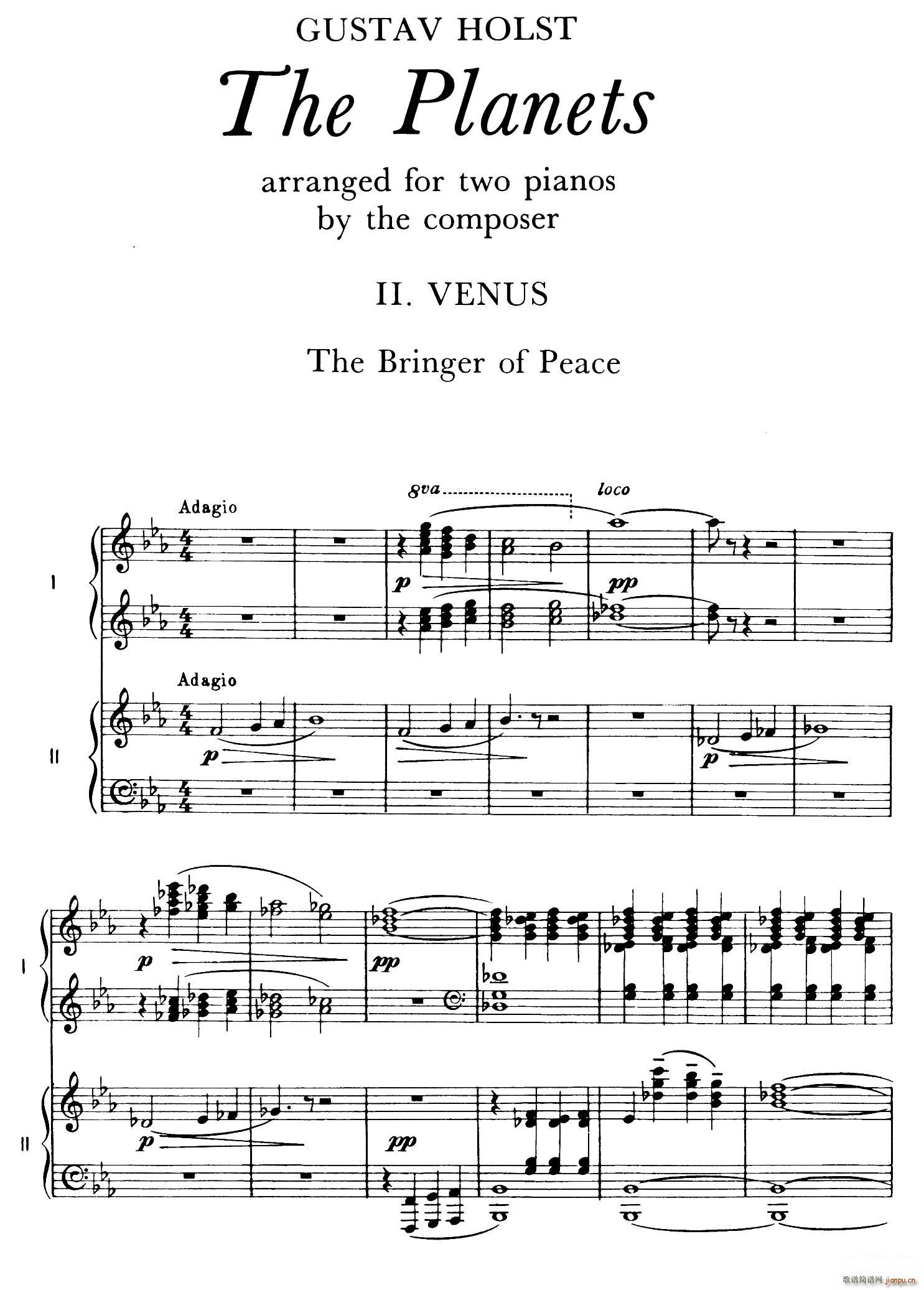 The Planets Op 32 双钢琴 行星 第二乐章 金星 和平使者(钢琴谱)1