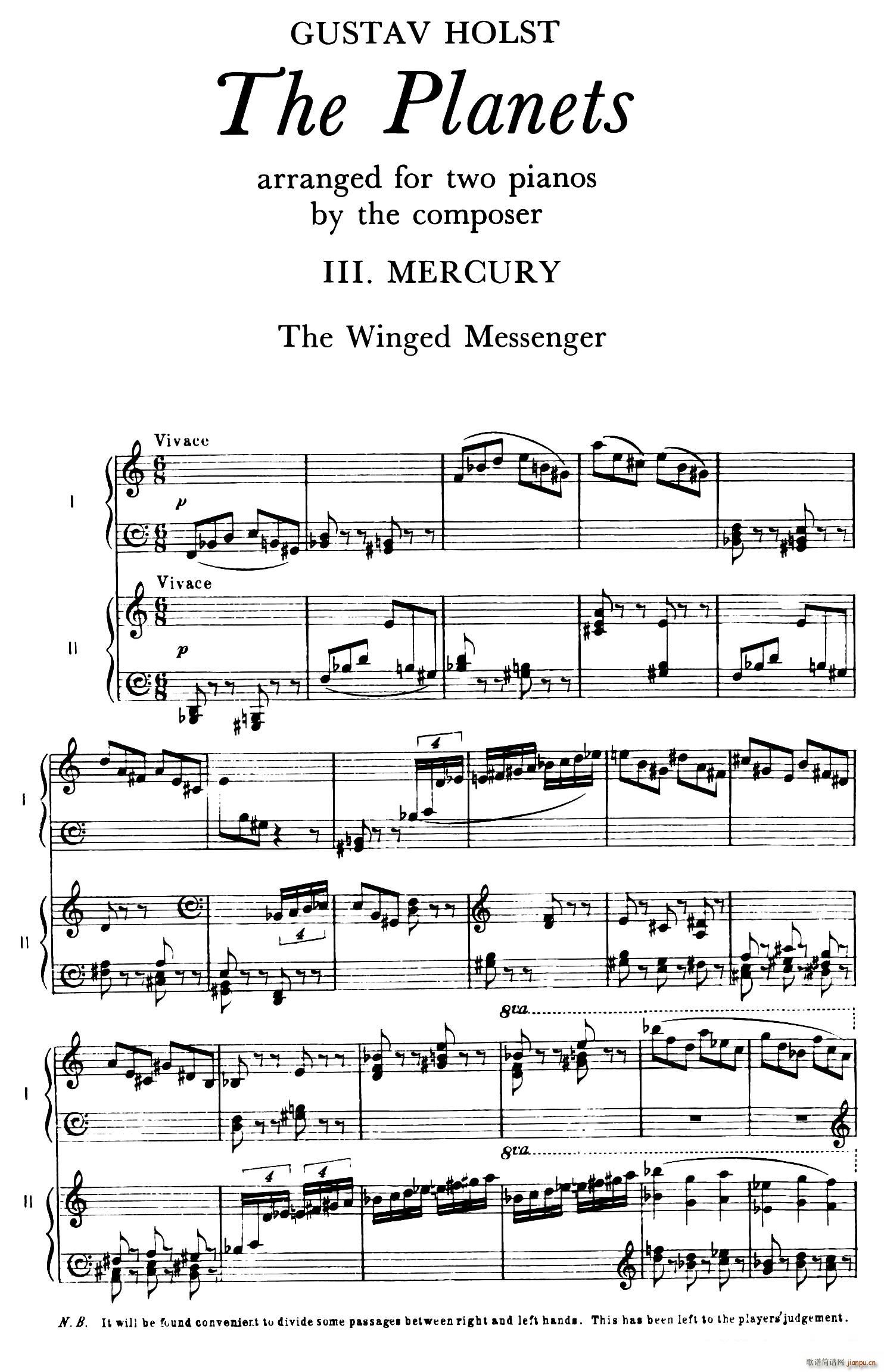 The Planets Op 32 双钢琴 行星 第三乐章 水星 飞行使者(钢琴谱)1