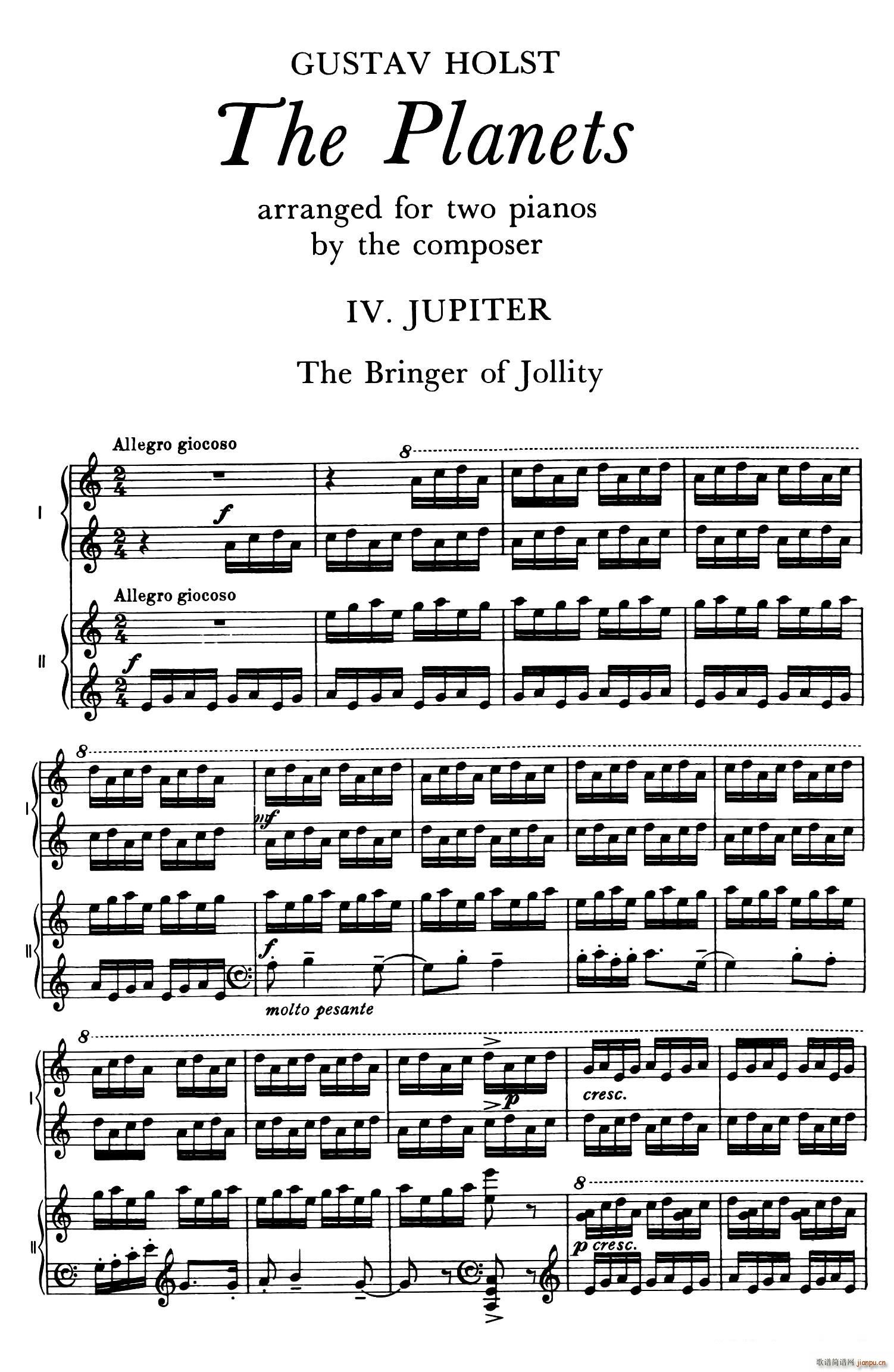 The Planets Op 32 双钢琴 行星 第四乐章 木星 欢乐使者(钢琴谱)1