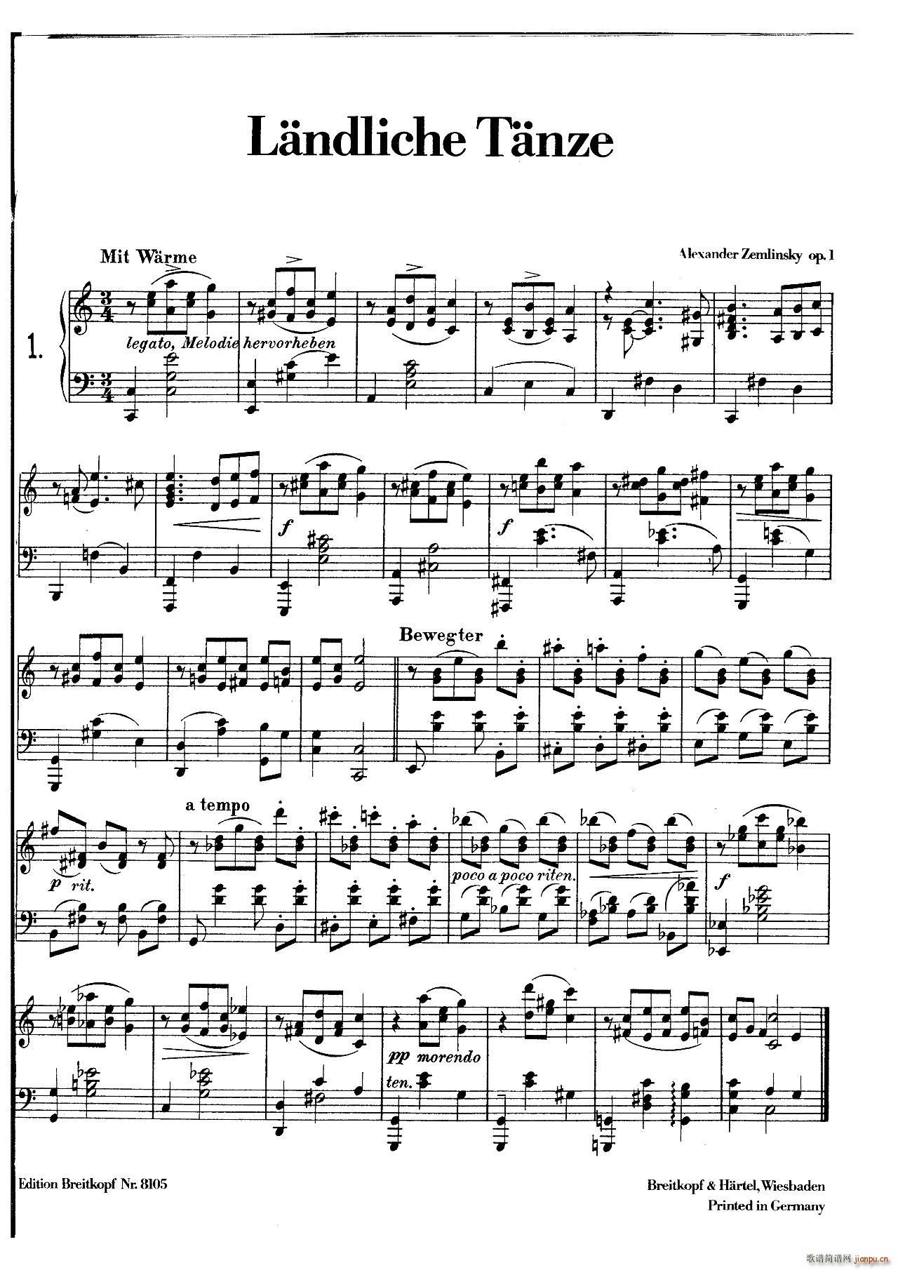 封 泽姆林斯基 Landliche Tanzee Op 1 乡村舞曲(钢琴谱)1