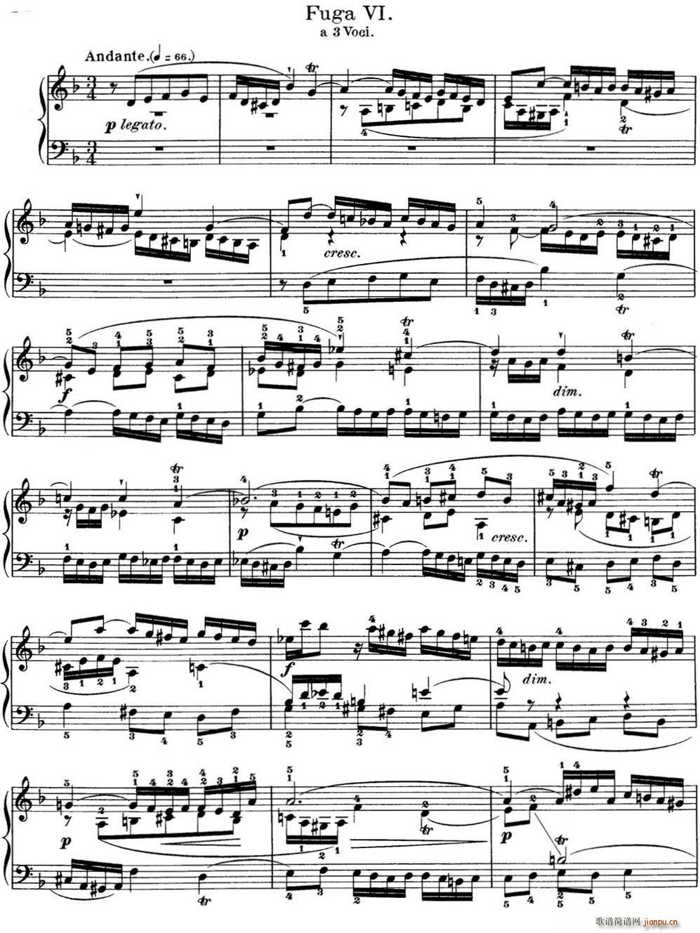 巴赫 平均律钢琴曲集 第一卷 之赋格曲 NO 6(钢琴谱)1