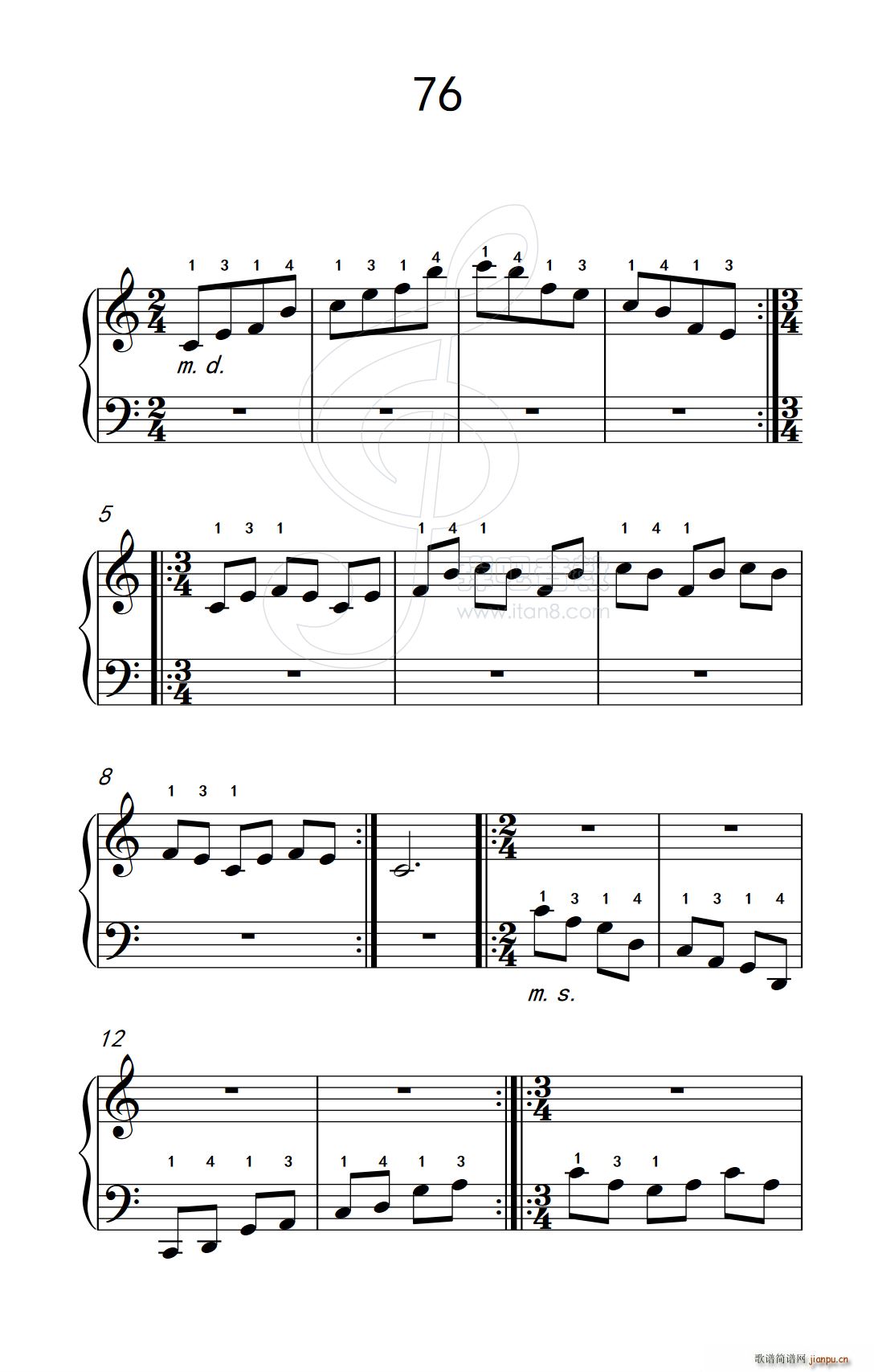 使大指灵活转动的单手练习 76 儿童钢琴手指练习 2(钢琴谱)1