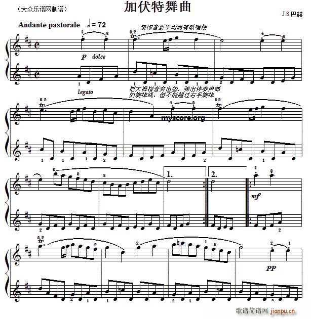 巴赫初级钢琴曲之十九 加伏特舞曲(钢琴谱)1