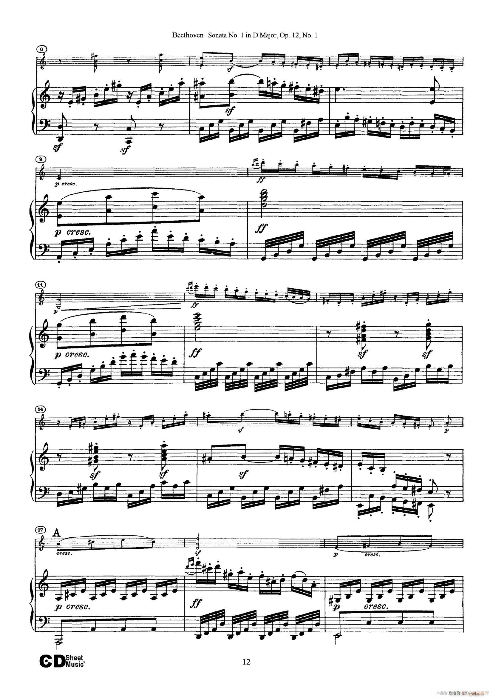 D大调第一小提琴奏鸣曲 Sonata No 1 in D Major Op 12 No 1 钢琴伴奏(钢琴谱)12