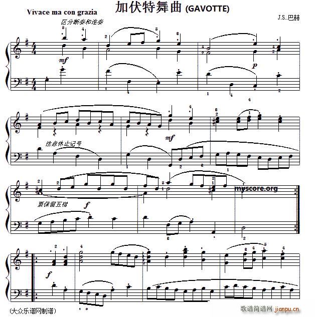 巴赫初级钢琴曲之二十一 加伏特舞曲(钢琴谱)1