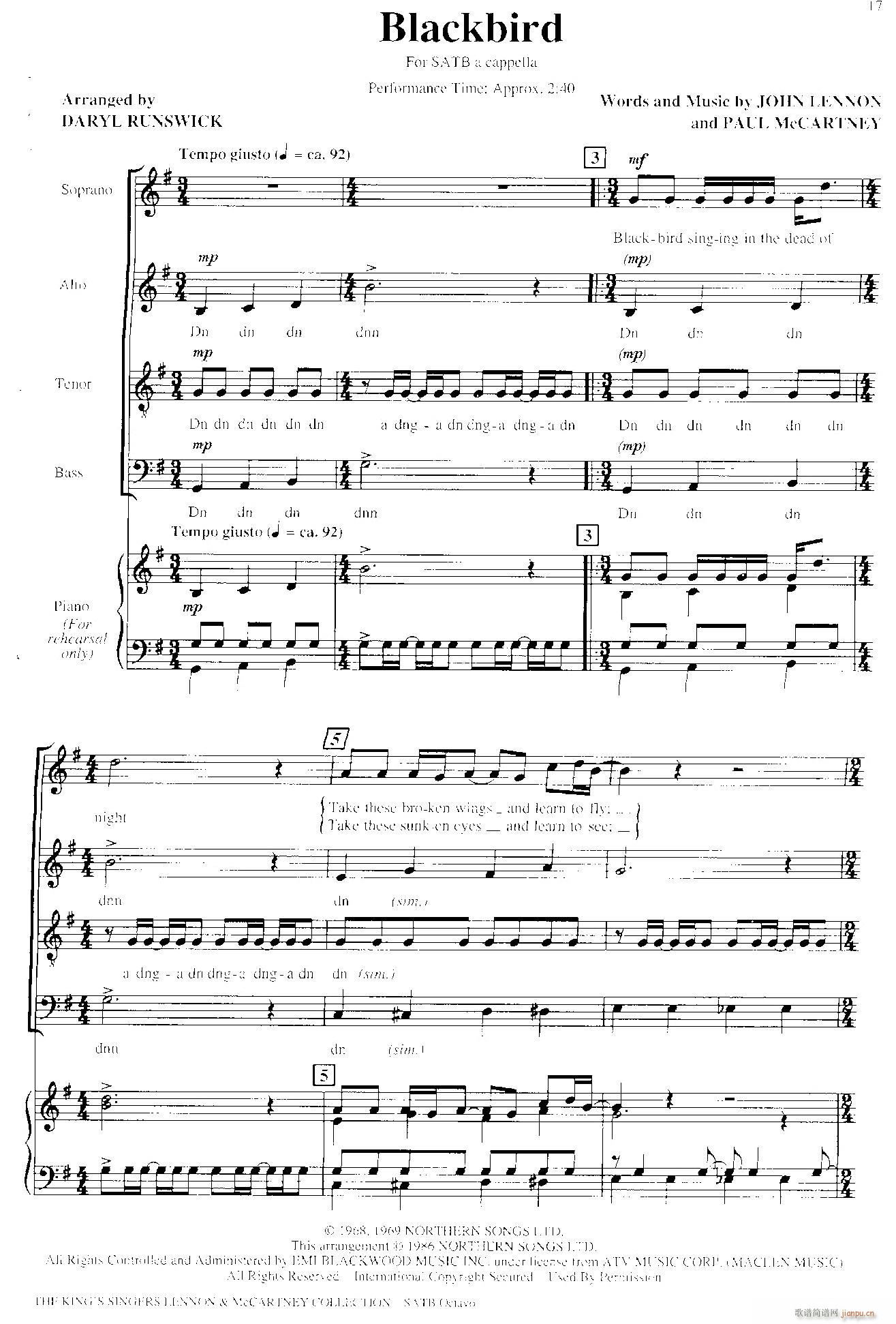 Blackbird 四重奏 钢琴伴奏(钢琴谱)1