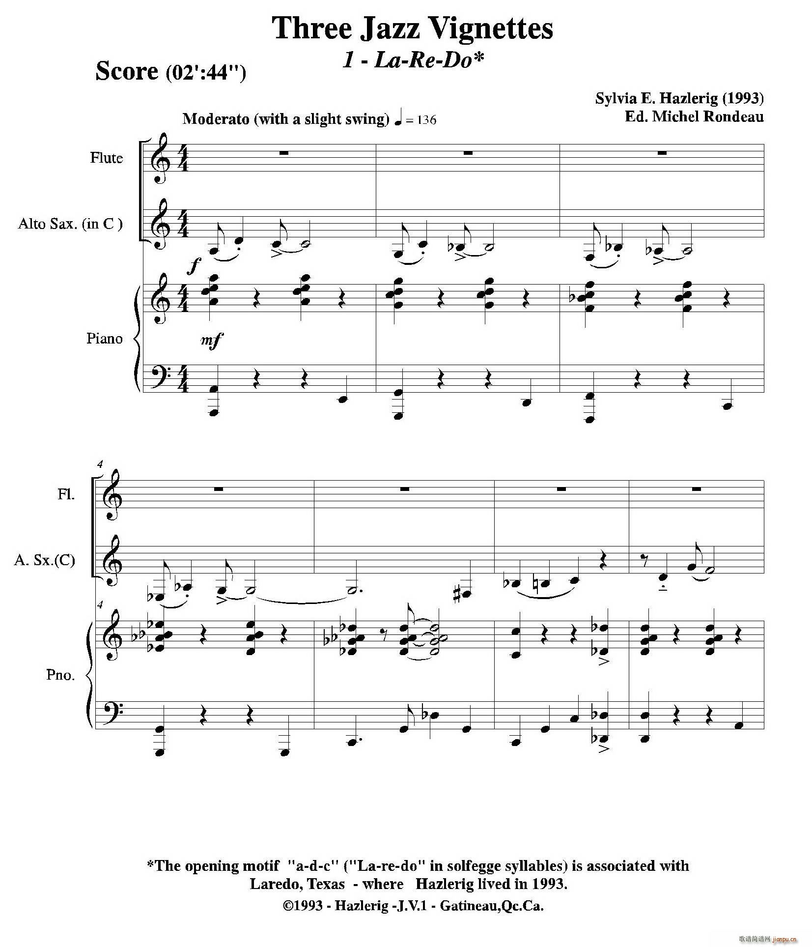 Three jazz vignettes 第一乐章 长笛中萨钢琴三重奏(钢琴谱)1