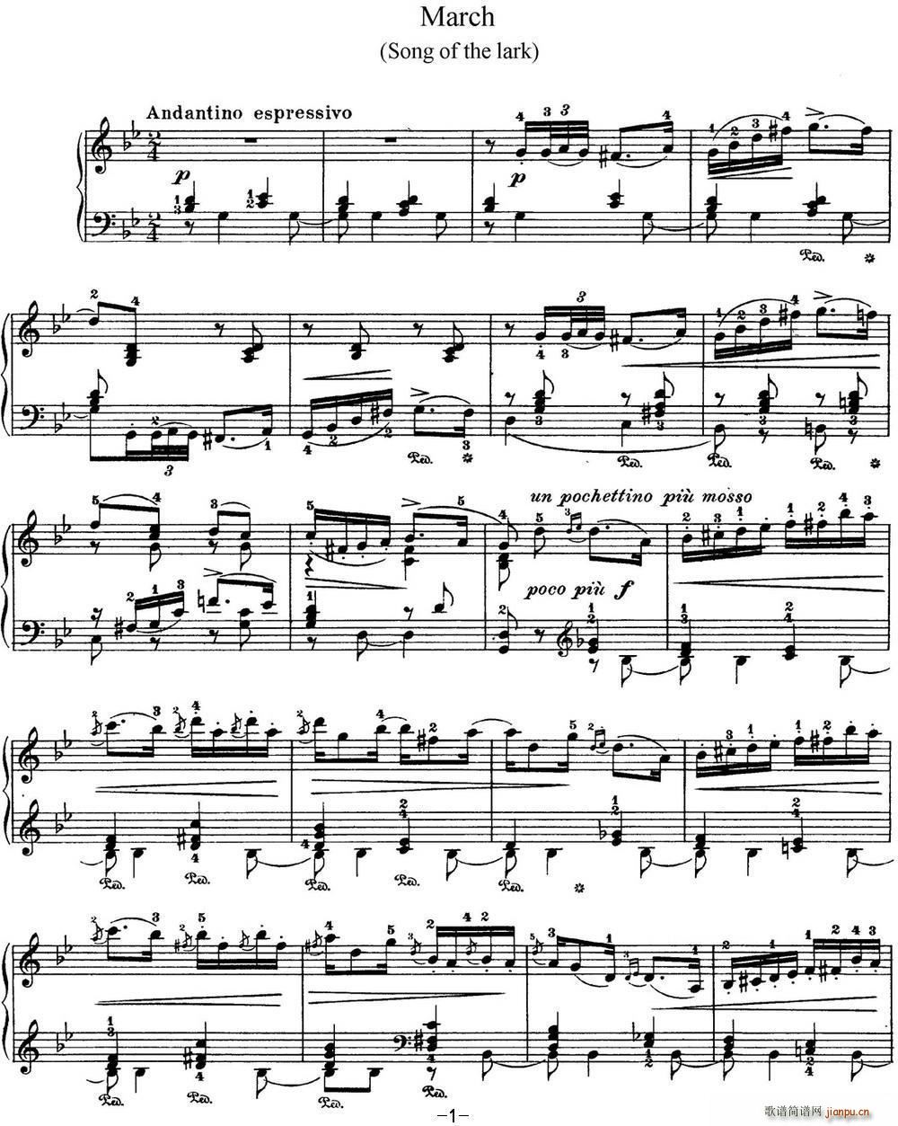 柴可夫斯基 四季 3月 云雀之歌 g小调 Song of the Lark G minor(钢琴谱)1
