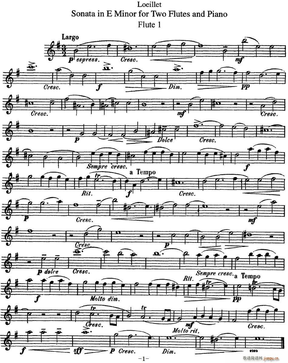 罗埃莱特E小调双长笛与钢琴奏鸣曲(钢琴谱)1