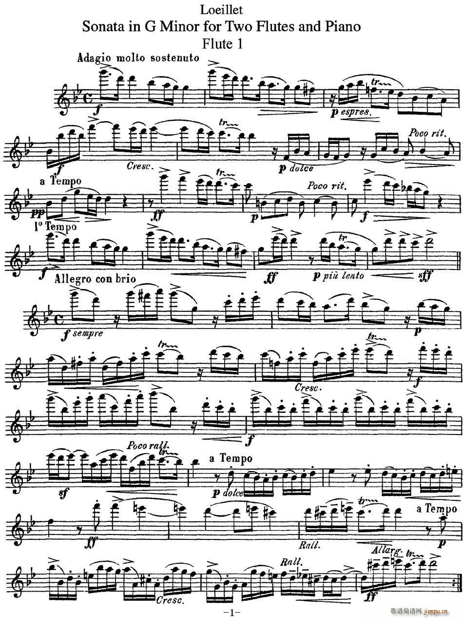 罗埃莱特G小调双长笛与钢琴奏鸣曲(钢琴谱)1