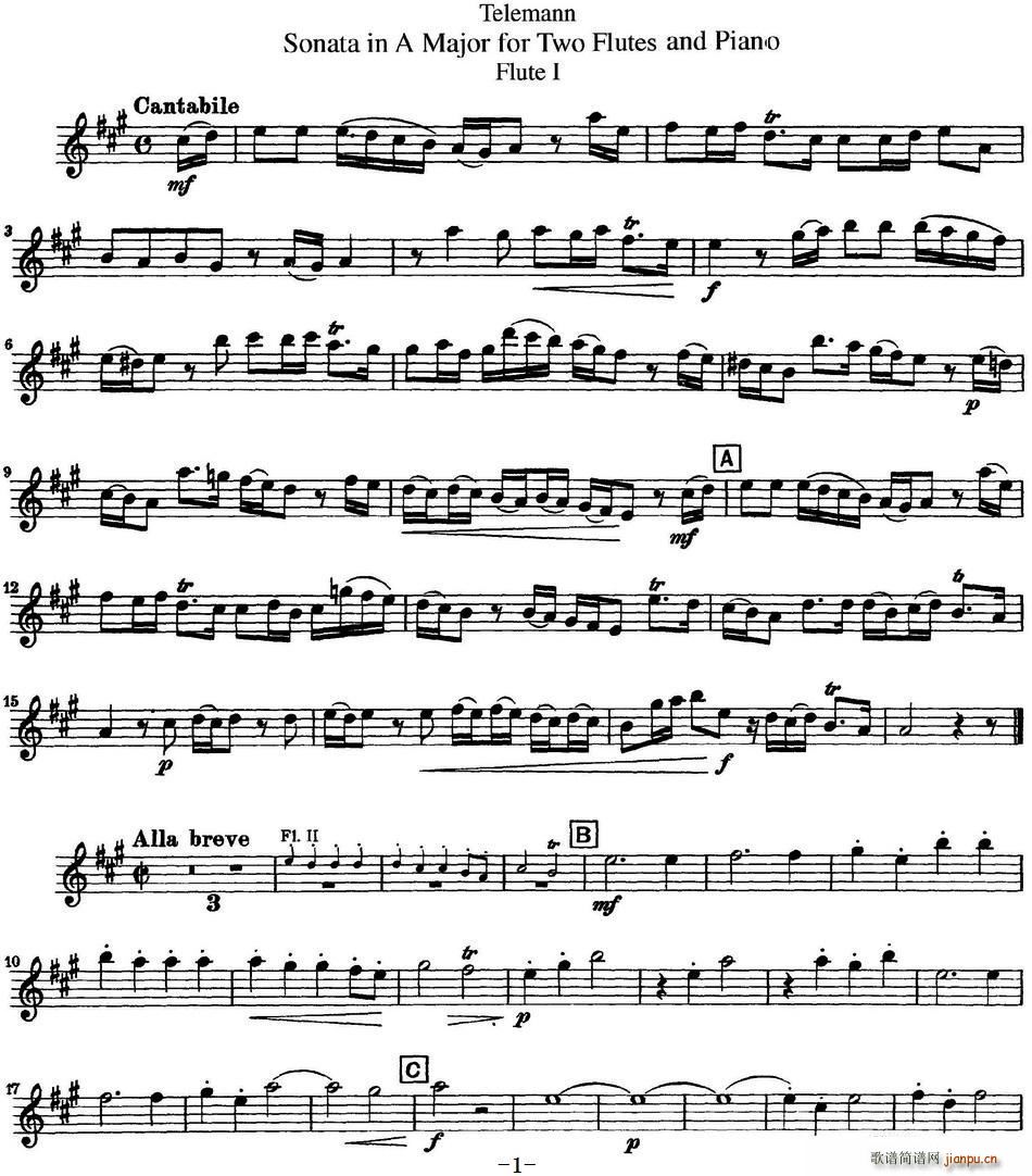 台莱曼A大调双长笛与钢琴奏鸣曲(钢琴谱)1