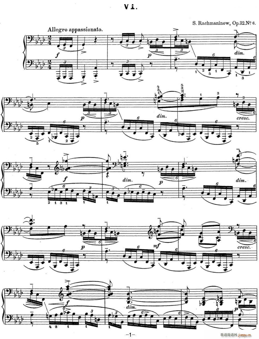 拉赫玛尼诺夫 钢琴前奏曲17 F小调 Op 32 No 6(钢琴谱)1