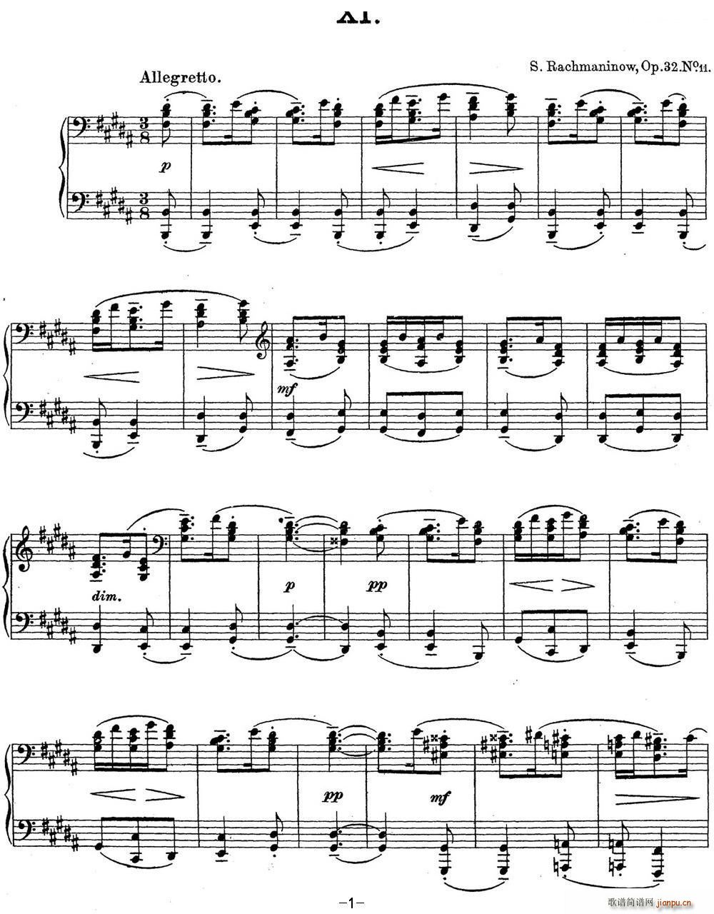 拉赫玛尼诺夫 钢琴前奏曲22 B大调 Op 32 No 11(钢琴谱)1