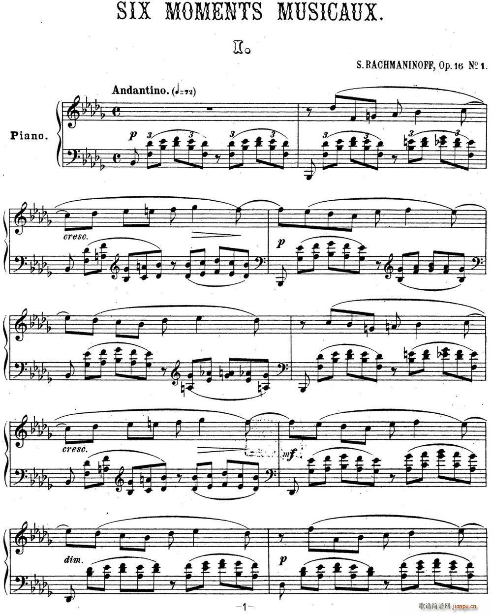 拉赫玛尼诺夫 音乐瞬间 Op 16 No 1 降b小调(钢琴谱)1