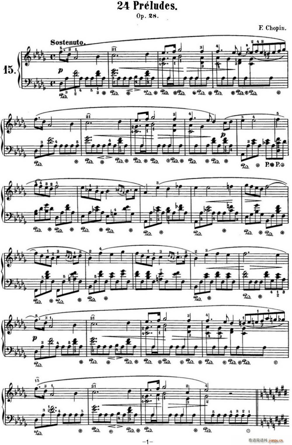 肖邦 24首钢琴前奏曲 Op 28 No 15 降D大调 雨滴(钢琴谱)1