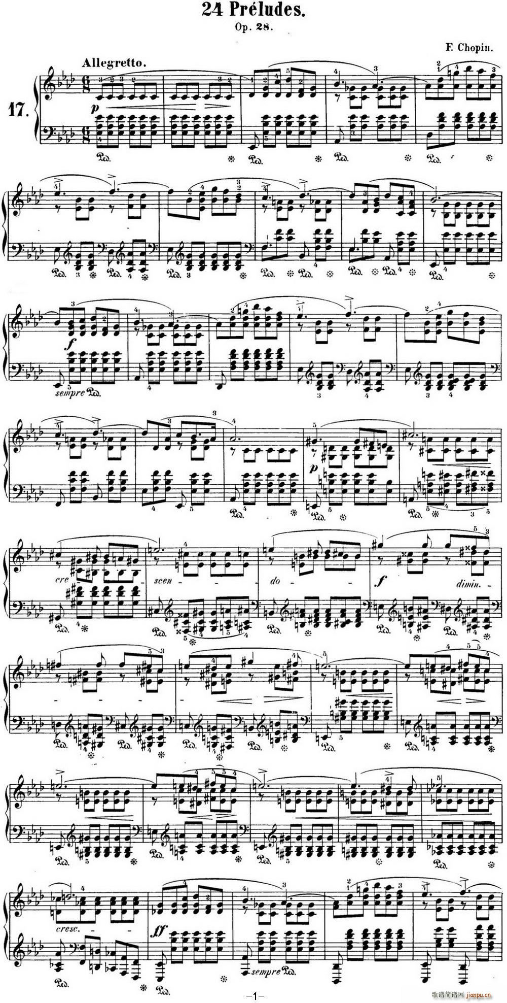肖邦 24首钢琴前奏曲 Op 28 No 17 降A大调(钢琴谱)1