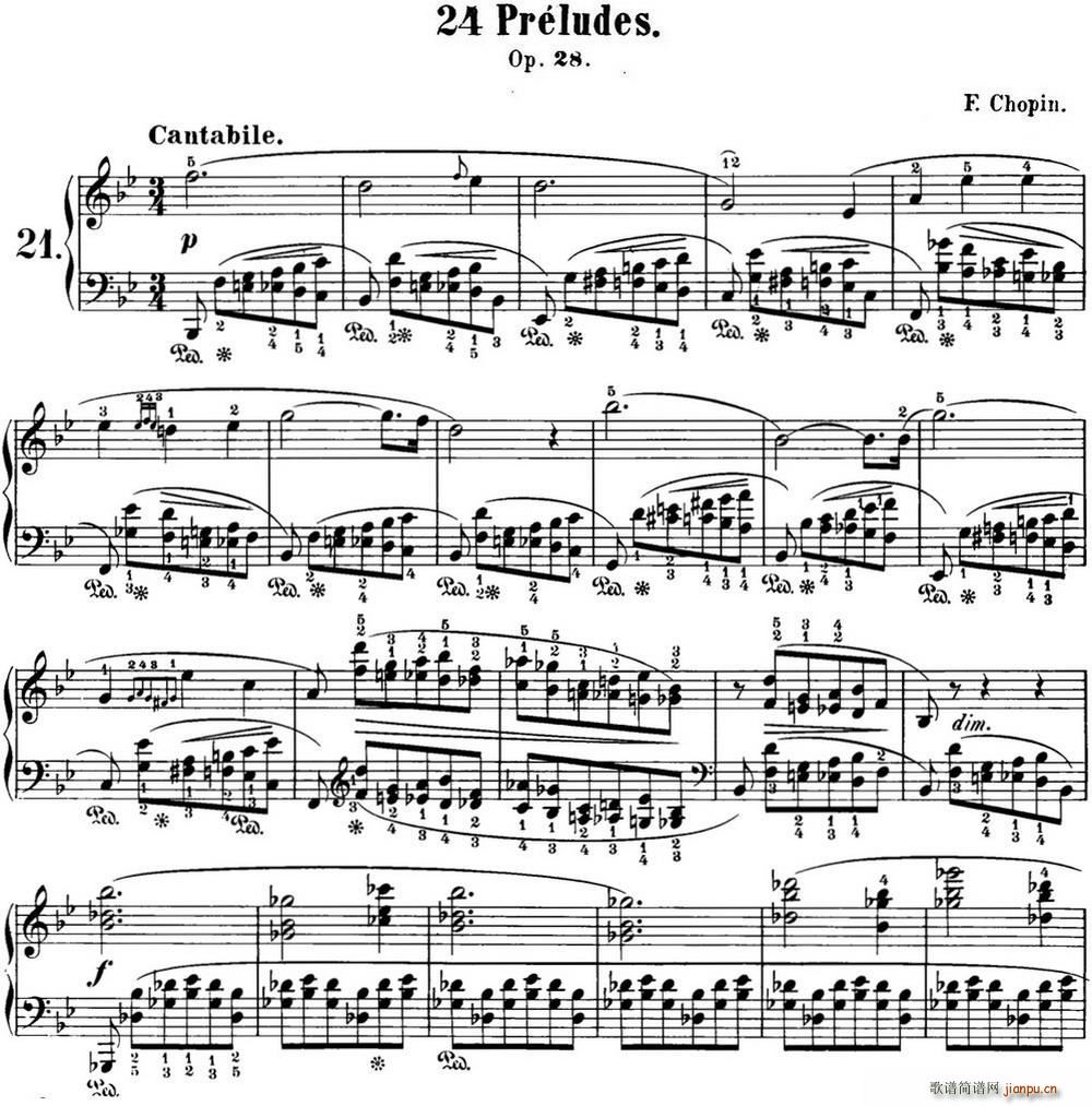 肖邦 24首钢琴前奏曲 Op 28 No 21 降B大调(钢琴谱)1