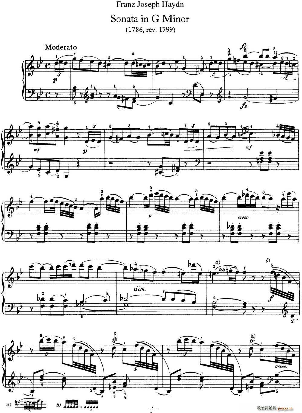 海顿 钢琴奏鸣曲 Hob XVI 44 in G minor(钢琴谱)1