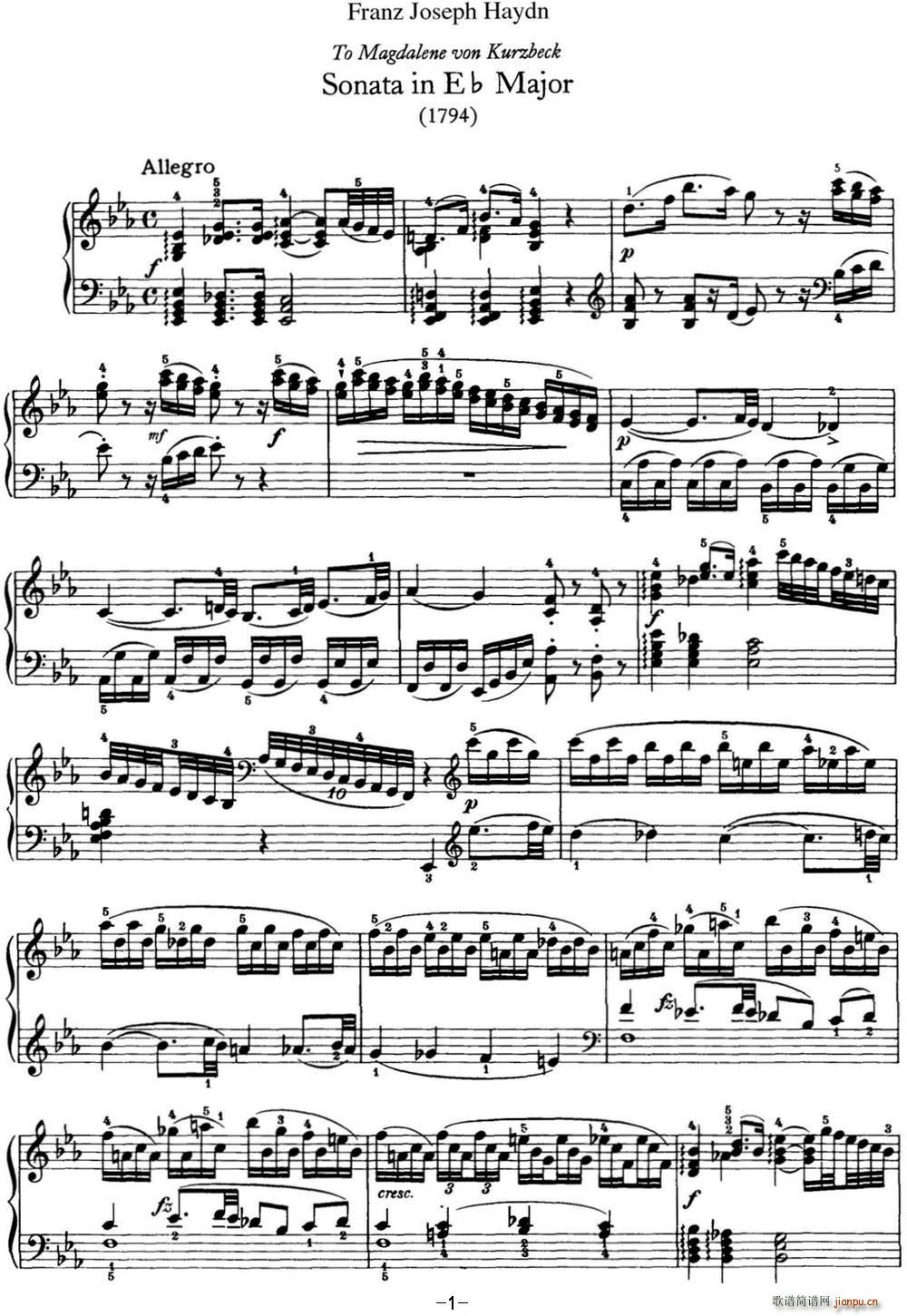海顿 钢琴奏鸣曲 Hob XVI 52 in E flat major(钢琴谱)1