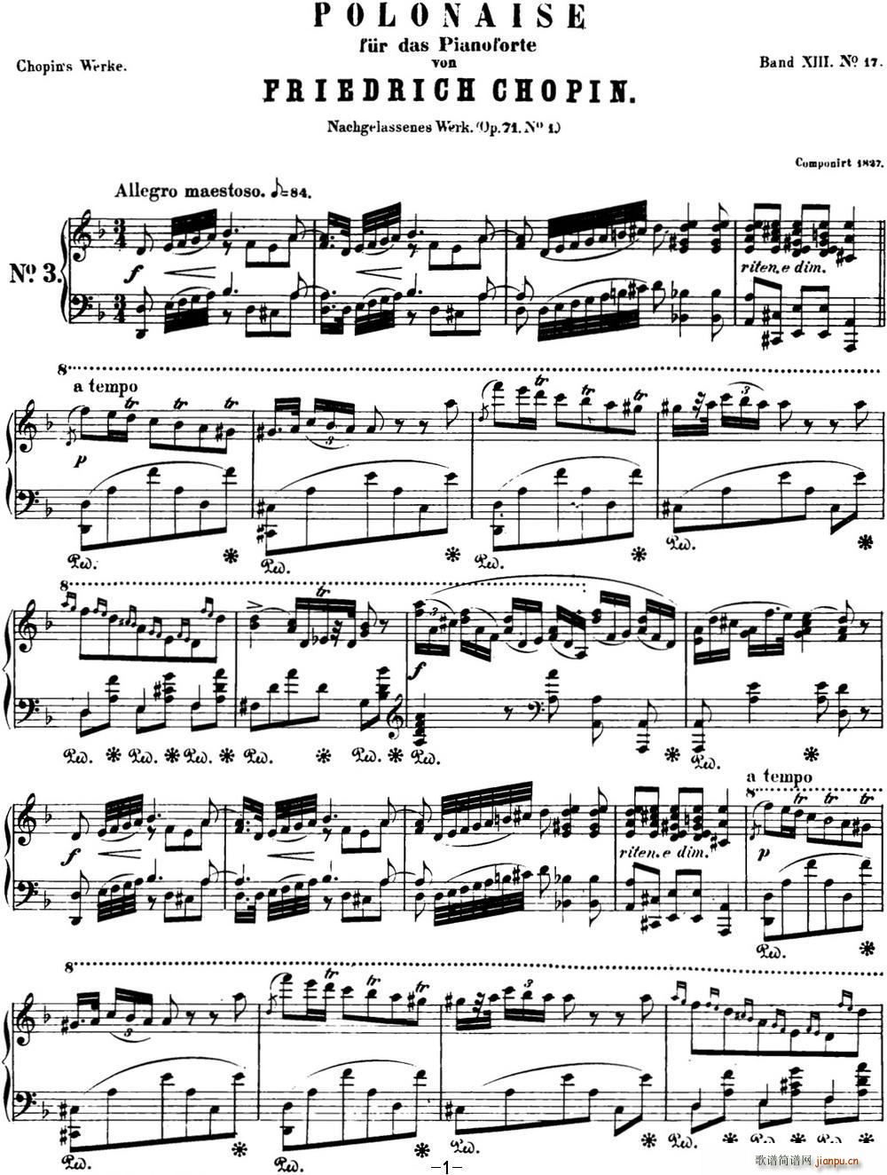 肖邦 波兰舞曲 Op posth 71 No 1 d小调(钢琴谱)1