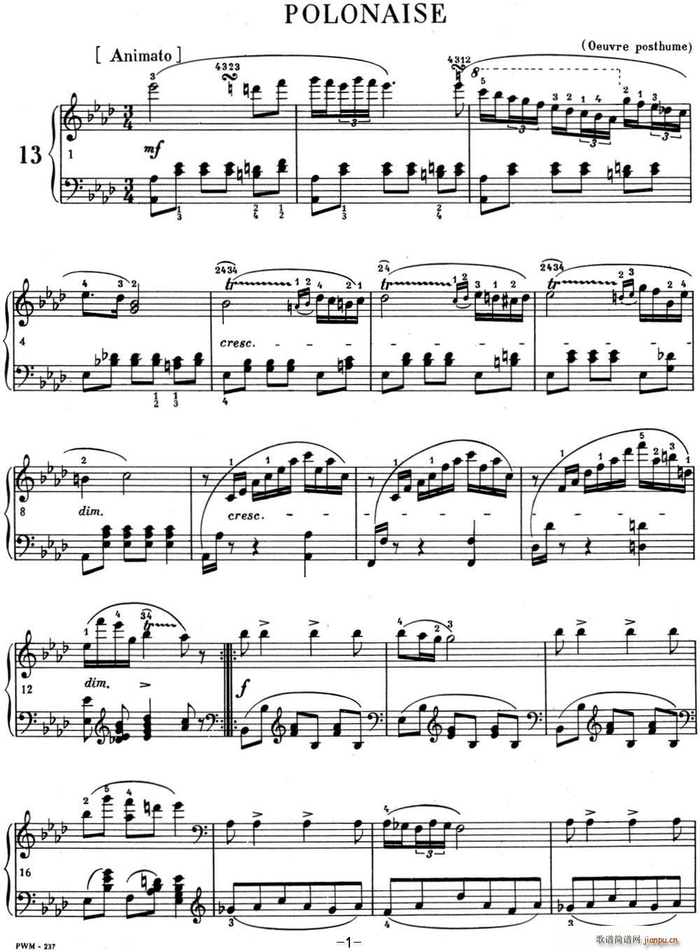 肖邦 波兰舞曲 Op posth P 1 No 2 降A大调(钢琴谱)1