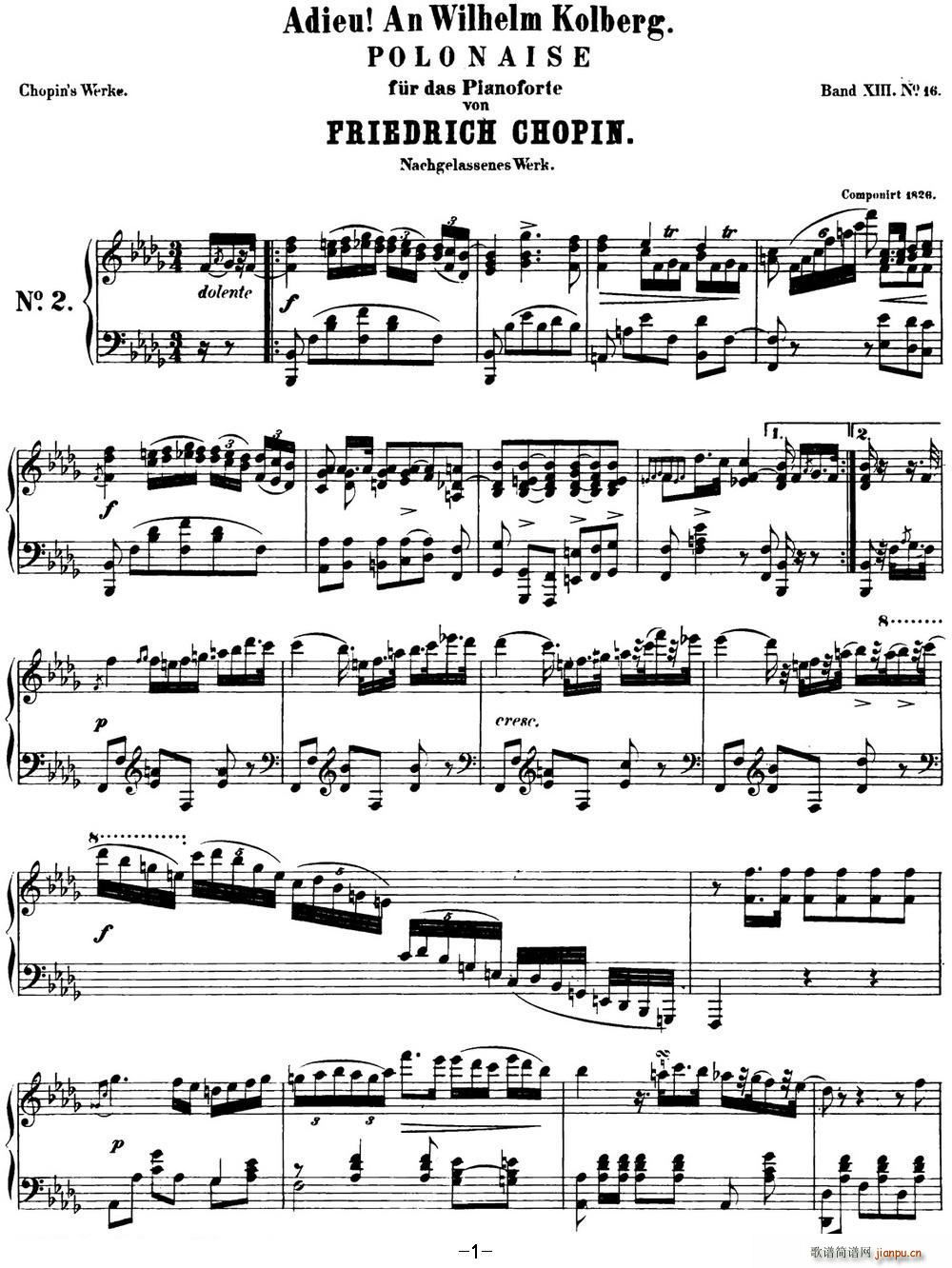 肖邦 波兰舞曲 Op posth P 1 No 5 降B大调(钢琴谱)1