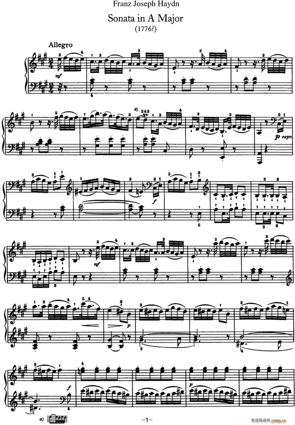 海顿 钢琴奏鸣曲 Hob XVI 30 in A major(钢琴谱)1