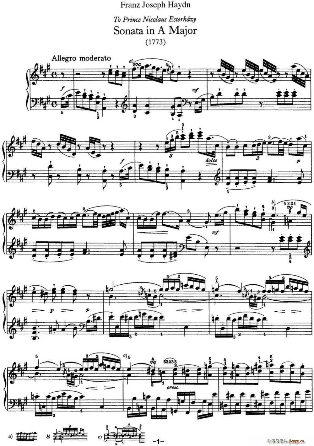 海顿 钢琴奏鸣曲 Hob XVI 26 in A major(钢琴谱)1