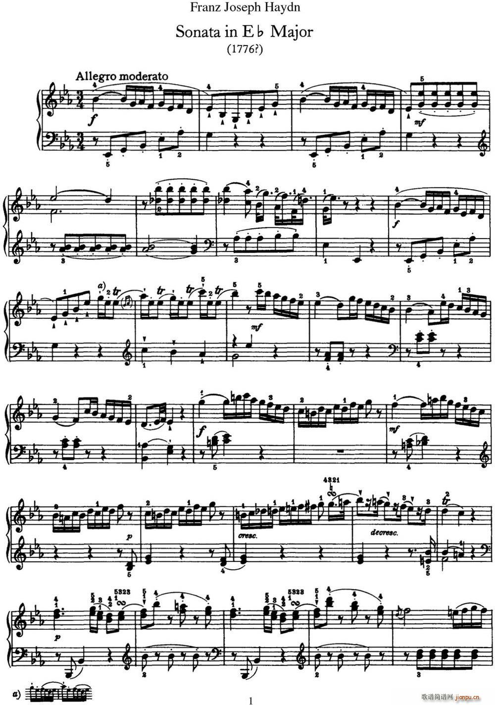 海顿 钢琴奏鸣曲 Hob XVI 28 in E flat major(钢琴谱)1