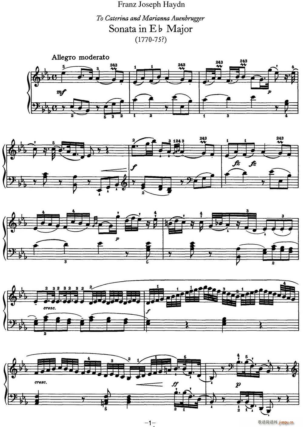 海顿 钢琴奏鸣曲 Hob XVI 38 in E flat major(钢琴谱)1