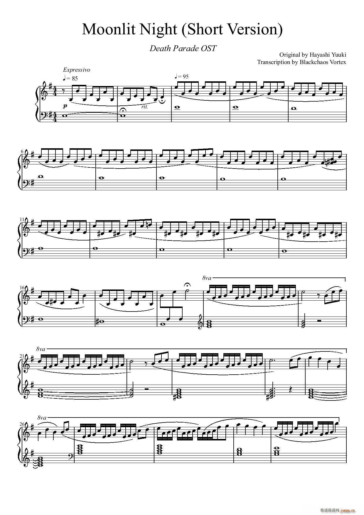 Moonlit Night short version 死亡游戏 OST(钢琴谱)1