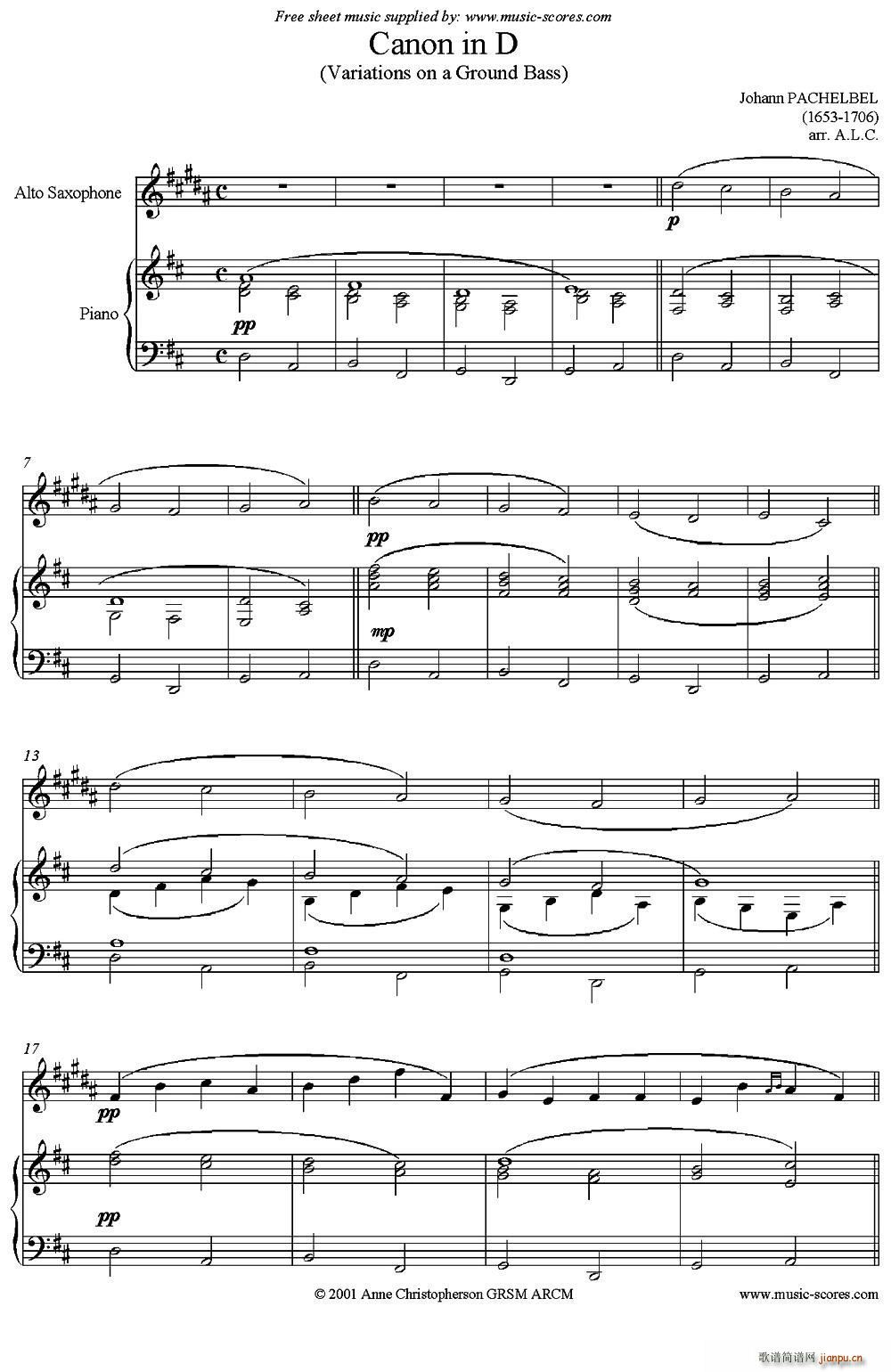 Canon in D 中音萨克斯 钢琴伴奏(钢琴谱)1