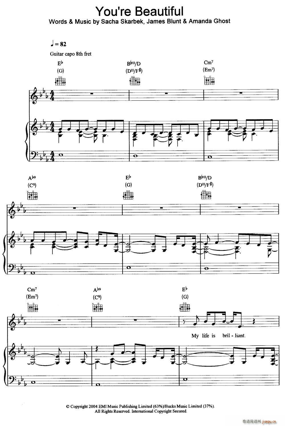 you re beatuiful 钢琴伴奏(钢琴谱)1
