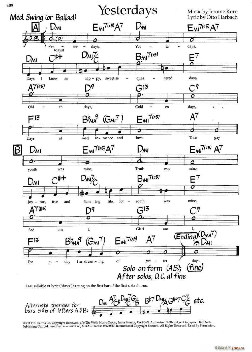Yesterdays 爵士钢琴曲(钢琴谱)1
