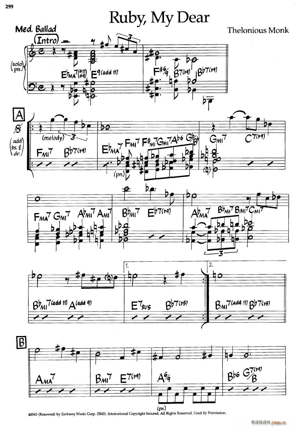 Ruby My Dear 爵士钢琴曲(钢琴谱)1