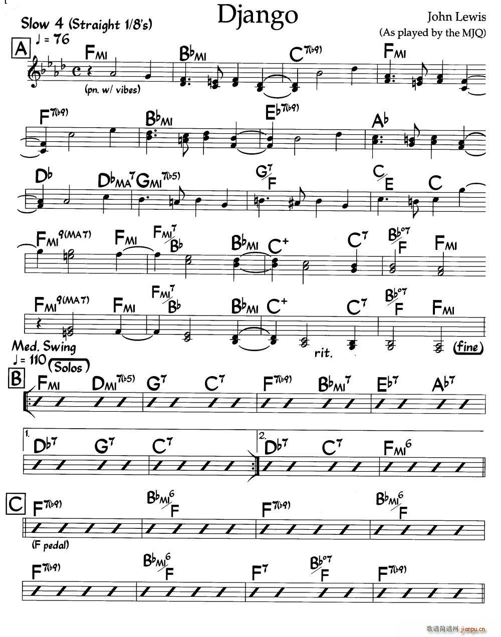 Django 爵士钢琴曲(钢琴谱)1