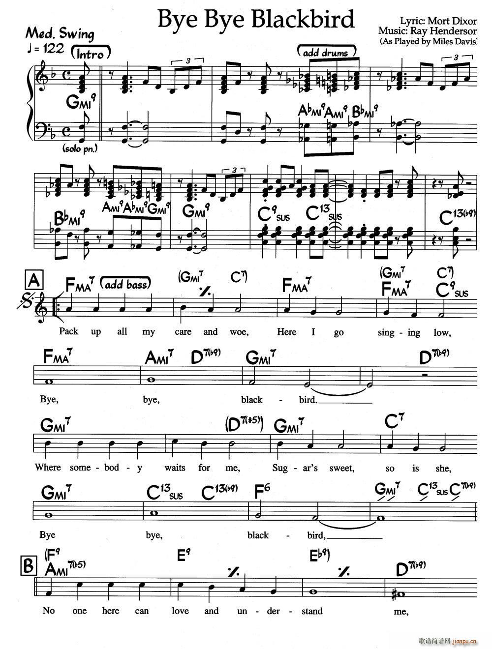 Bye Bye Blackbird 爵士钢琴曲(钢琴谱)1