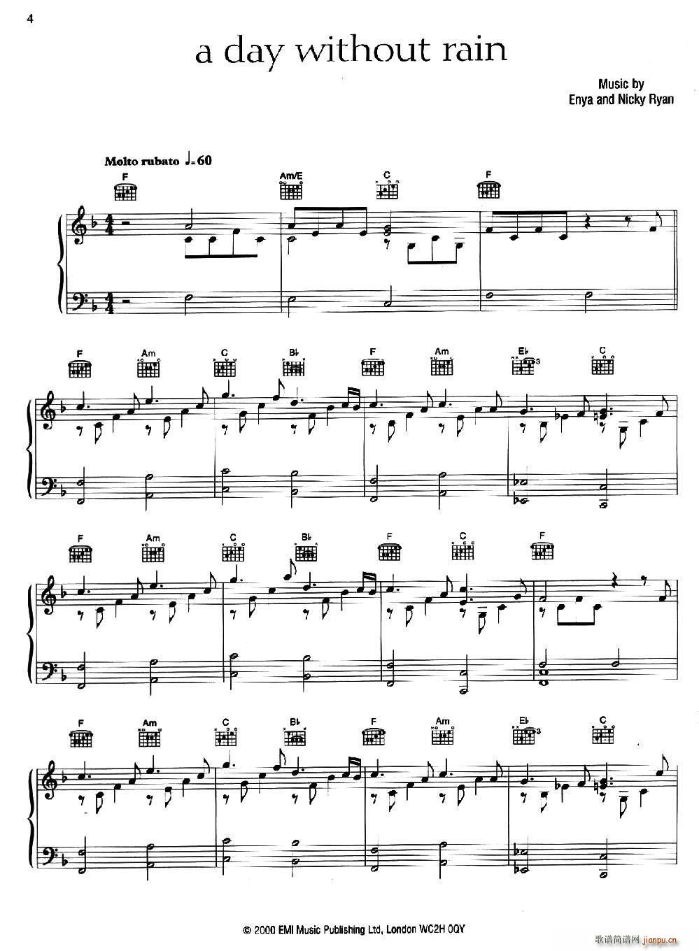 A Day Without Rain 无雨的一天(钢琴谱)1