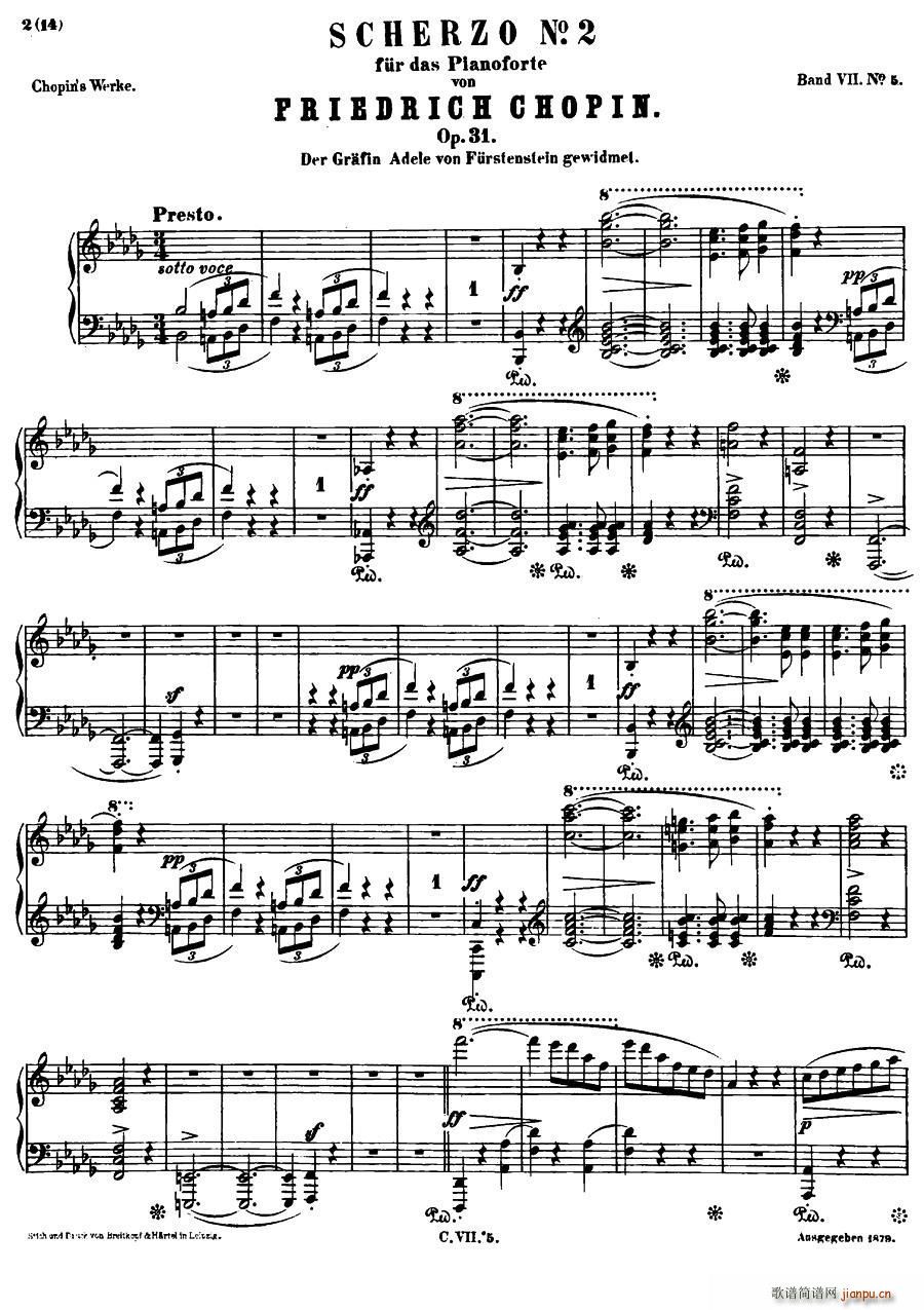 降b小调钢琴谐谑曲Op 31 第二号(钢琴谱)1