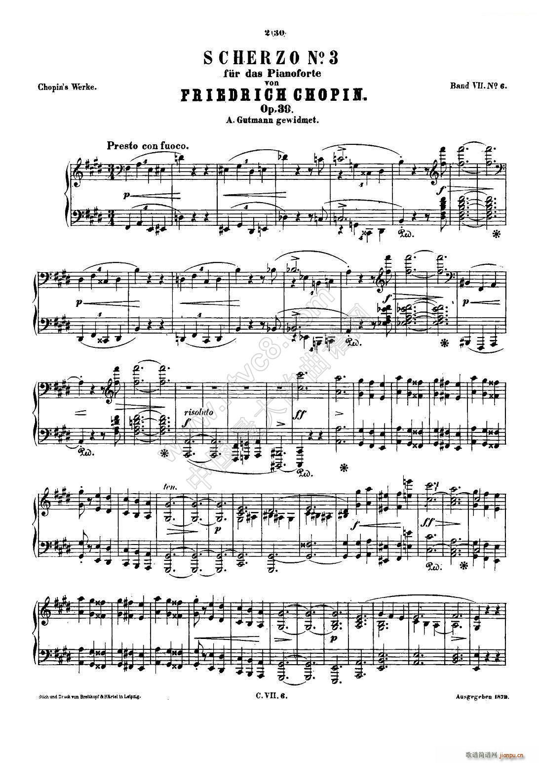 肖邦 钢琴谐谑曲 Chopin Scherzo No 3 升c小调 Op 39(钢琴谱)1