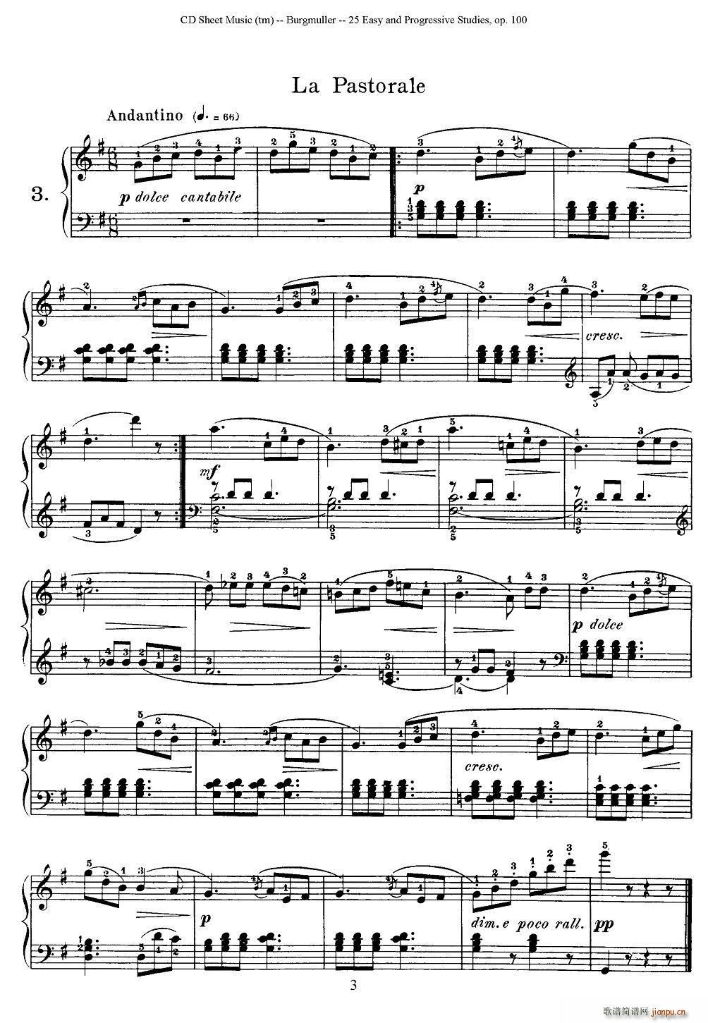 布尔格缪勒 25首钢琴进阶练习曲 Op 100 3 牧歌(钢琴谱)1