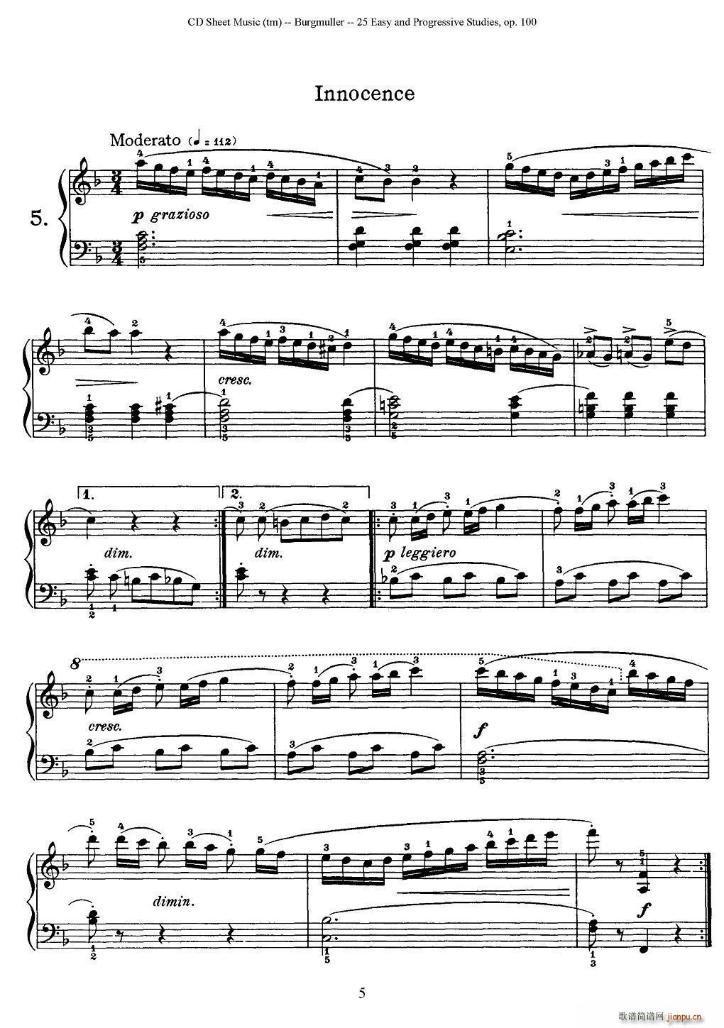 布尔格缪勒 25首钢琴进阶练习曲 Op 100 5 天真烂漫(钢琴谱)1