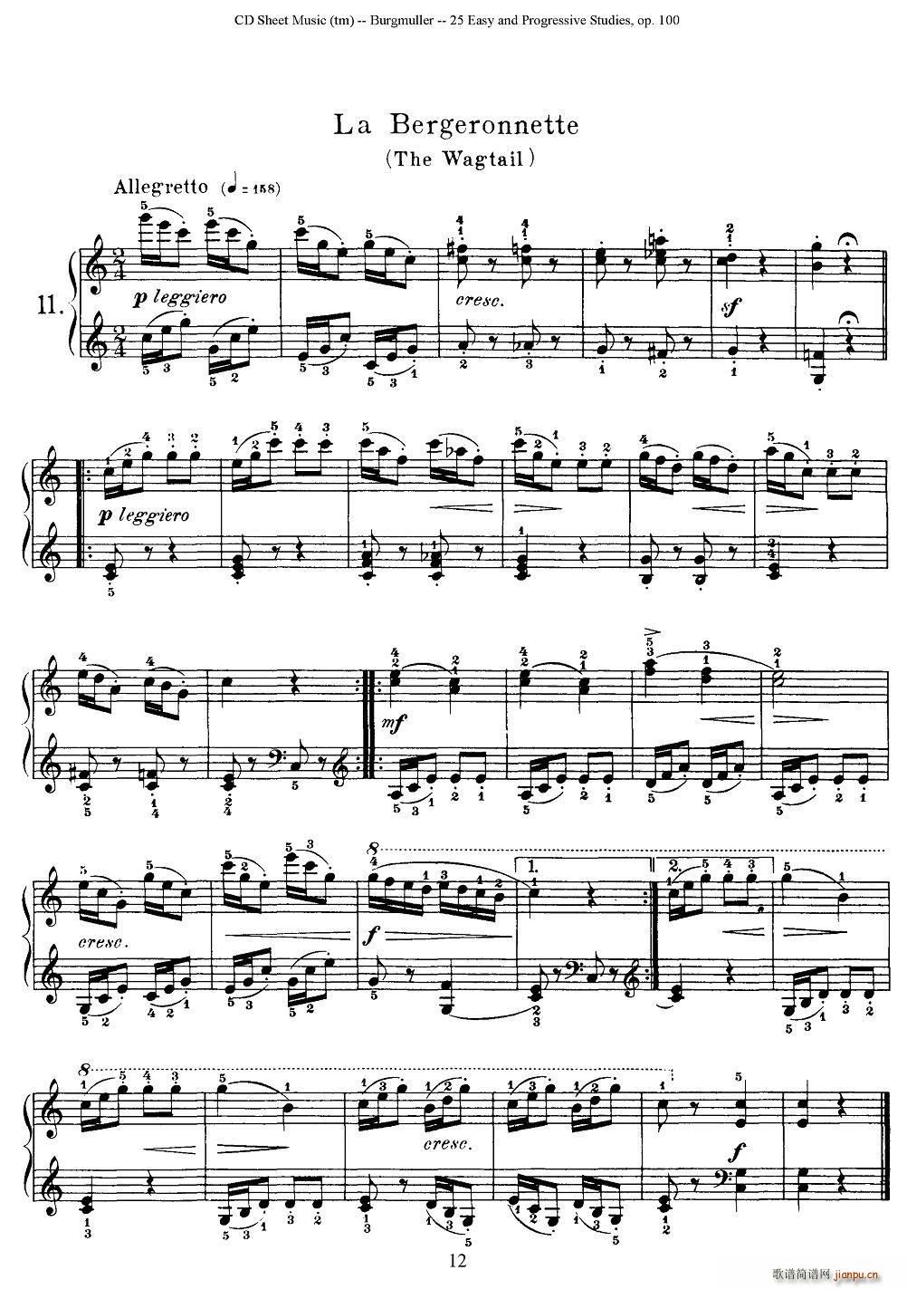 布尔格缪勒 25首钢琴进阶练习曲 Op 100 11 鹡鸰(钢琴谱)1