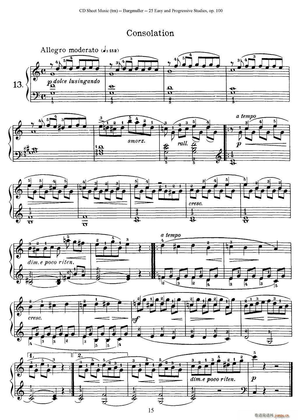 布尔格缪勒 25首钢琴进阶练习曲 Op 100 15 安慰(钢琴谱)1