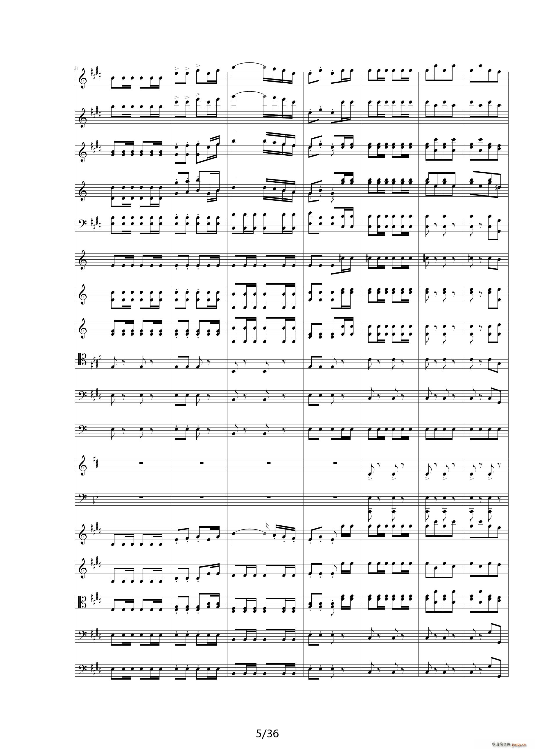 威廉退尔序曲原版扒谱 E调(钢琴谱)5